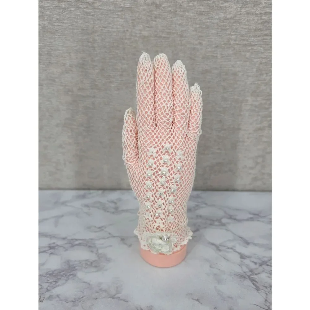 Vintage Crochet Lace Gloves Beaded with Rose Accent See Through